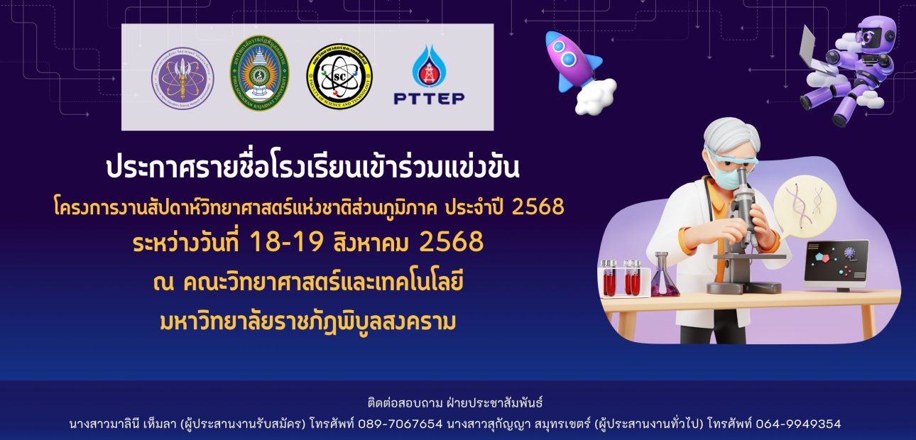 ประกาศรายชื่อโรงเรียนเข้าร่วมแข่งขันกิจกรรมโครงการงานสัปดาห์วิทยาศาสตร์แห่งชาติส่วนภูมิภาค ประจำปี 2568